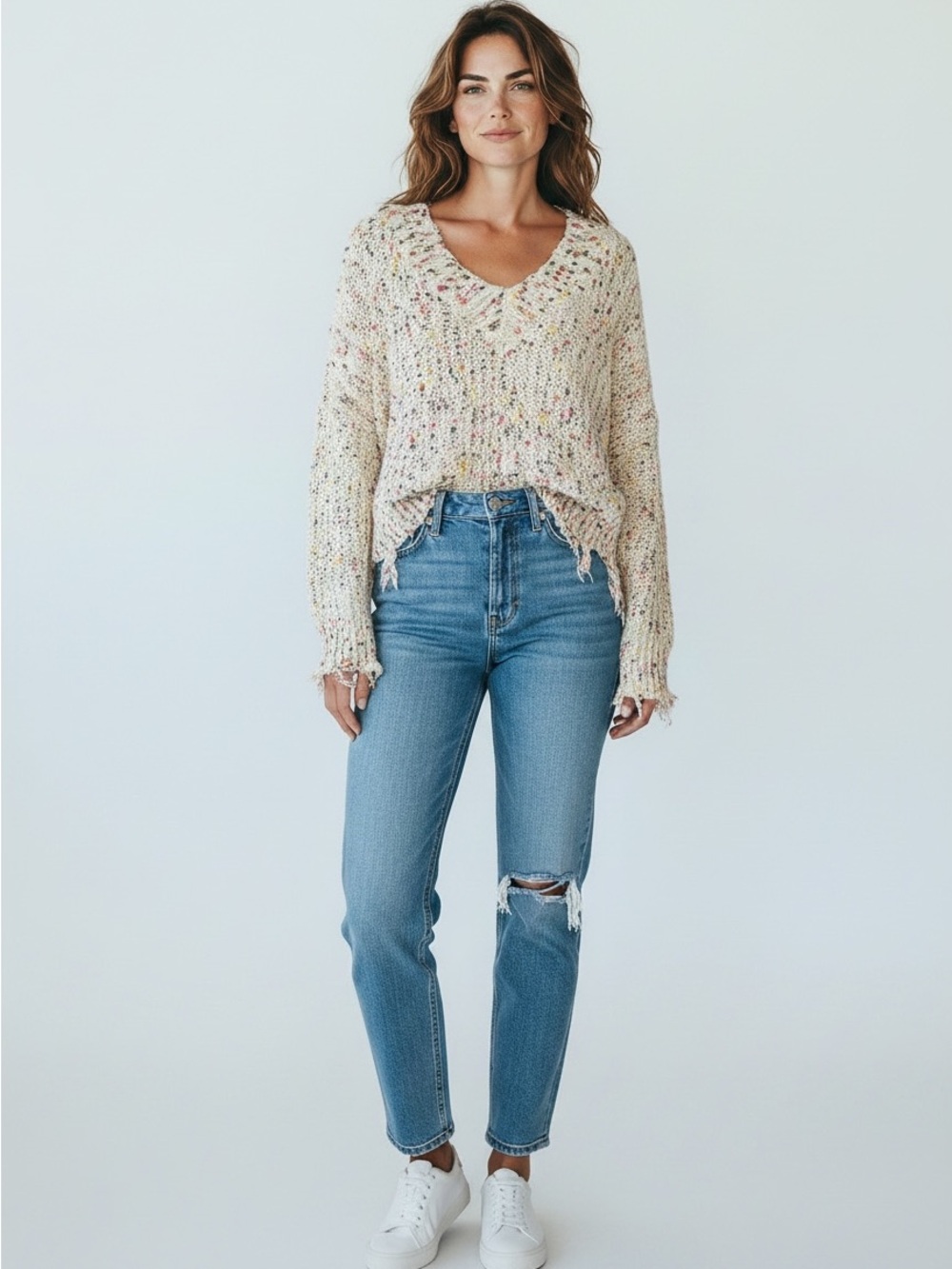 Main Strip Cream Multicolor Speckled V-Neck Sweater